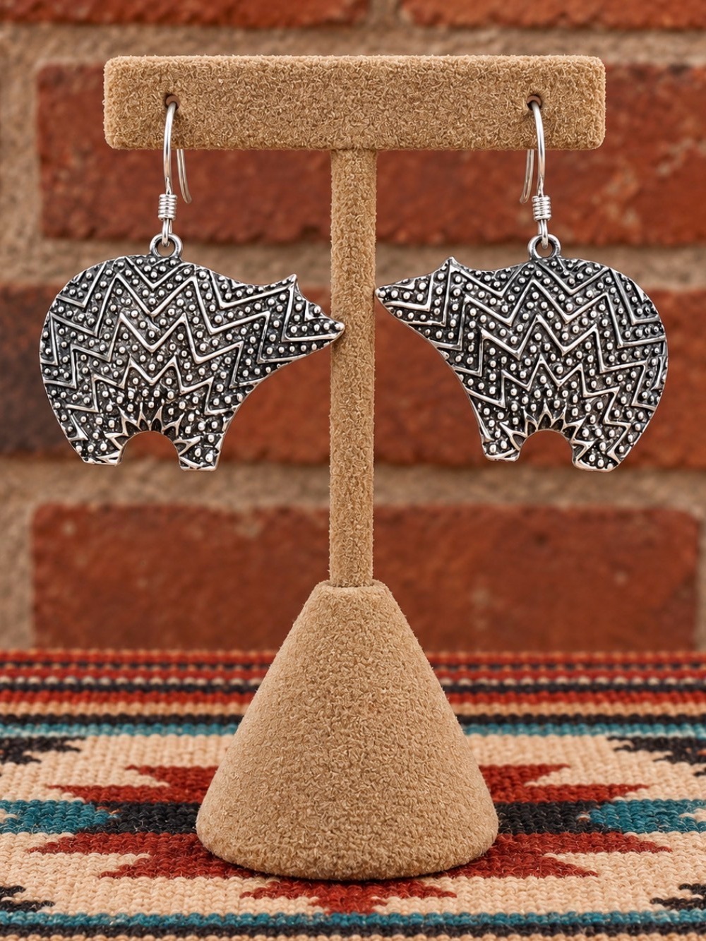 Earrings Sterling Silver Southwestern Tribal Pattern Bear Dangle 10 Grams